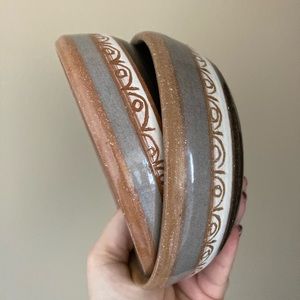 2 Tonala Mexican Pottery Bowls, marked by the maker, grey, tan, cream, brown